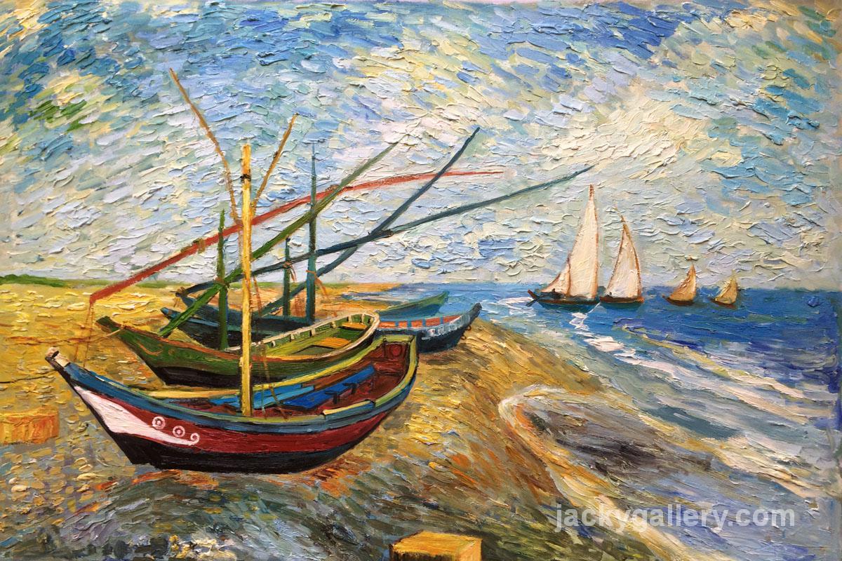 Fishing Boats on the Beach at Saintes Maries, Van Gogh painting